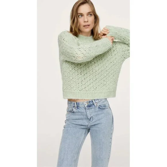 Mango Openwork‎ Cable Knit Cropped Sweater Green Women Size S - Picture 3 of 14